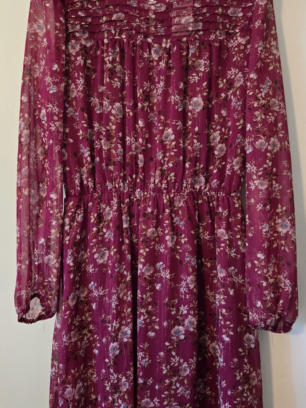 Women's Long-Sleeve Floral Midi Dress in Burgundy